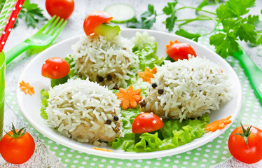 Baby healthy dinner: steamed hedgehogs meatballs with rice