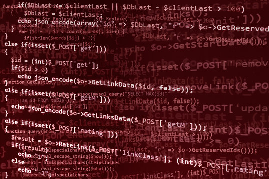Programming code on red screen, red text