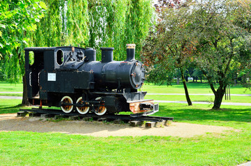 Stara lokomotywa wąskotorowa w parku na tle liści wierzby i brzozy