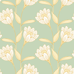 a vintage English style floral wallpaper seamless tiles with crocus-like flowers in soft blue, white and ivory shades