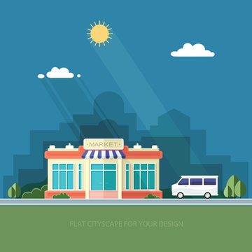 Cityscape. A supermarket and a car. City shop. Flat style vector