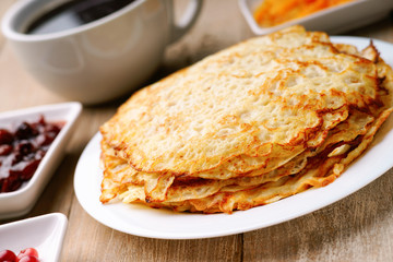 Pancakes, jam and coffee
