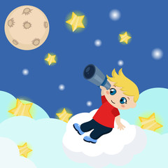 Naklejka premium Cute boy watching through telescope at starry night