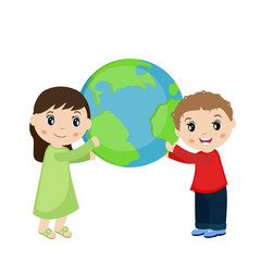Boy and girl holding planet earth.