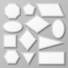 Postage stamp set. Shiny white design with shadow. Vector illustration. 