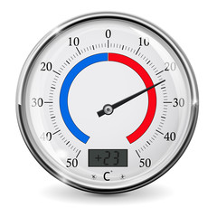 Thermometer. Round outdoor temperature gauge. Warm weather