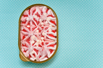 Cropped top view image of strawberry icecream on table background, close up flat lay