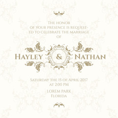 Wedding invitation. Design classic cards. Decorative floral border.