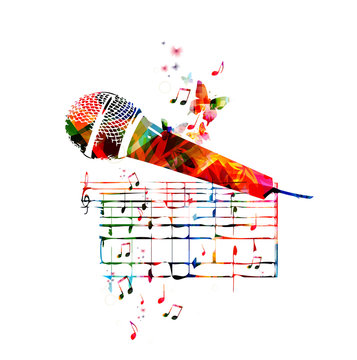 Vector illustration of colorful microphone with music notes
