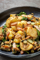 Potato and  Spinach Hash with Cornichons and Bacon