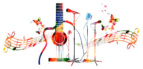 Colorful music instruments background with butterflies