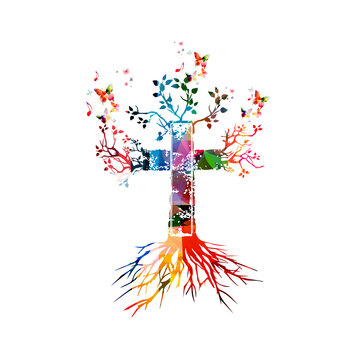 Vector illustration of colorful cross with butterflies