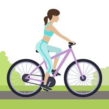 Woman riding a bicycle outdoor. Woman cycling in the park. Vector.