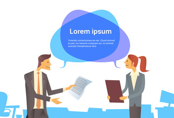 Businessman Hold Paper Document Businesswoman With Chat