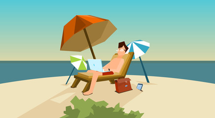 Man Freelance Remote Working Place On Sunbed Using Laptop Beach