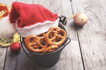 Cookies pretzels with christmas hat