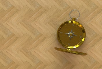 Golden compass isolated on wooden table, 3D rendering