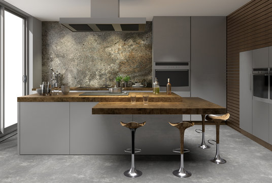 K&uuml;che edelstahl edelstahloptik naturstein Holz modern