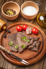 Slices of fried beef.