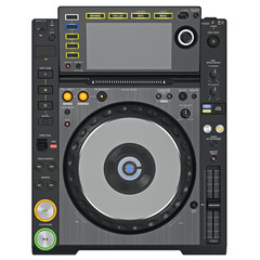 Black dj turntable player with large screen and glowing buttons, top view. 3D graphic