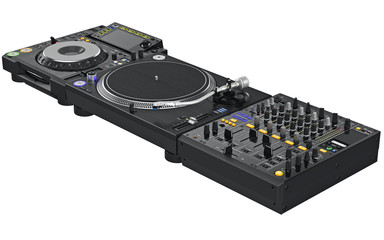 Professional black table dj mixer music equipment. 3D graphic