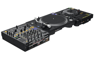 Dj set table mixing digital turntable to view control on rear panel. 3D graphic