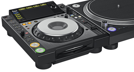 Fototapeta premium Black dj mixer turntable with large ice-screen glowing buttons, close view. 3D graphic