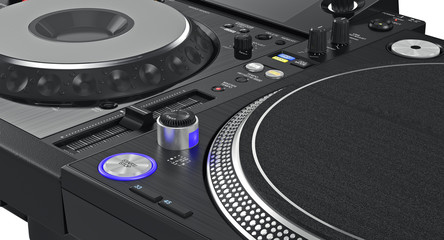 Luminous buttons dj turntable professional equipment, zoomed view. 3D graphic