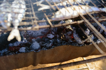 Mackerel roast on grill barbecue, flat lay, closeup top view