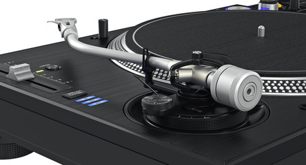 Backside black dj table mixer, ports, controllers, close view, close view. 3D graphic