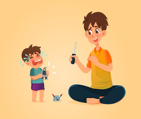 Father fix the robot while son is crying.