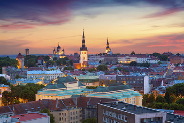 Tallinn. Image of Old Town Tallinn in Estonia during sunset. - obrazy, fototapety, plakaty