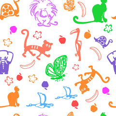 Vector seamless pattern illustration. Cute exotic animals background: funny lion, tiger, monkey, turtle and cat.