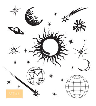 Vector illustration. Cute space set. Sun, moon, Earth, stars and meteorite elements for cosmic design. Black on white background.
