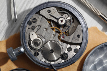 Mechanism of retro watch closeup