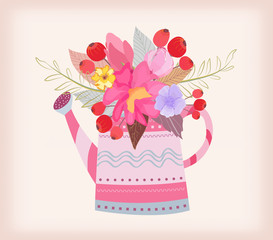 watering can with a bouquet of watercolor flowers