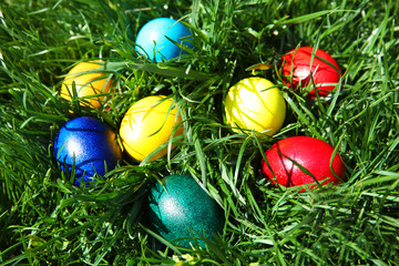 Coloured Easter eggs on green grass, closeup