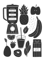 Set of blender and fruits for smoothie. Hand drawn vector illustration. Black and white kitchen poster