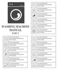 Oven manual symbols. Part 2 Instructions. Signs and symbols for washing machine exploitation manual. Instructions and function description. Vector isolated illustration.