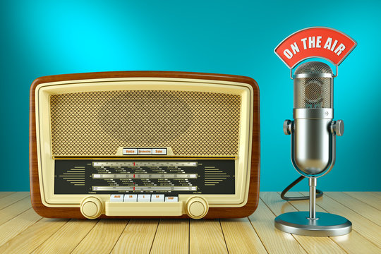 Retro radio and studio microphone. ON THE AIR concept 3d