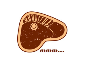 Vector. Grill meat: Barbecue - mmm...Summer BBQ. BBQ season. BBQ poster. Summer Picnic outdoor. Family BBQ day. BBQ related goods adv. Grilled steak logo. Isolated illustration cookout. Barbecue retro