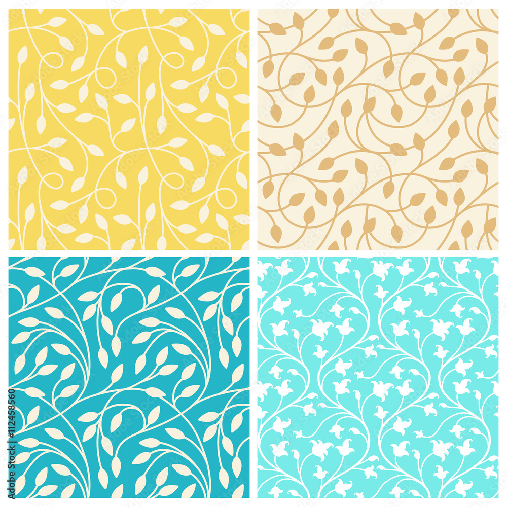 Poster Vector set of seamless patterns in trendy linear style with leav