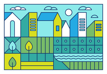 Vector illustration with city landscape in trendy linear style