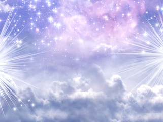 a divine mystical magic sky with stars and rays of Light