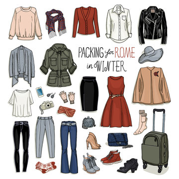 Vector illustration of packing for Rome in winter. Sketch of clothes and accessories for design. Female fashion collection set. Winter travel luggage.