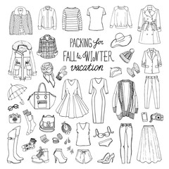 Fall and winter travel luggage. Packing for vacation. Woman clothing set. Vector hand-drown objects illustrations. Black and white fashion collection.