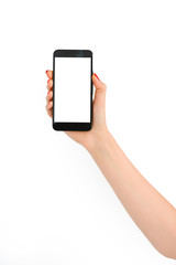 Woman hand holding smartphone isolated on white background