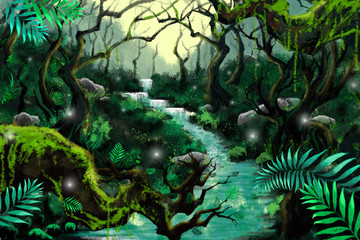 Fototapeta na wymiar Watercolor Style Digital Artwork: Mystery River Forest. Realistic Fantastic Cartoon Style Character, Background, Wallpaper, Story, Card Design