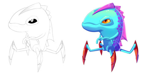 Coloring Book and Monster Creature Character Design Set 39 Fish Spider Claw Shark Creature Monster isolated on White Background Realistic Fantasy Cartoon Style Character Story Card Sticker Design