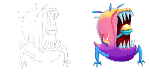 Coloring Book and Monster Creature Character Design Set 44 Big Mouth Teeth Man-Eating Creature Monster isolated on White Background Realistic Fantasy Cartoon Style Character Story Card Sticker Design